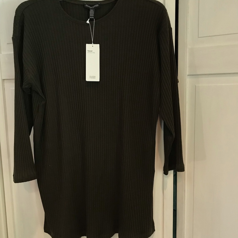 Eileen Fisher NWT Tercel, Olive Green Ribbed Stretch Knit Tunic -PM